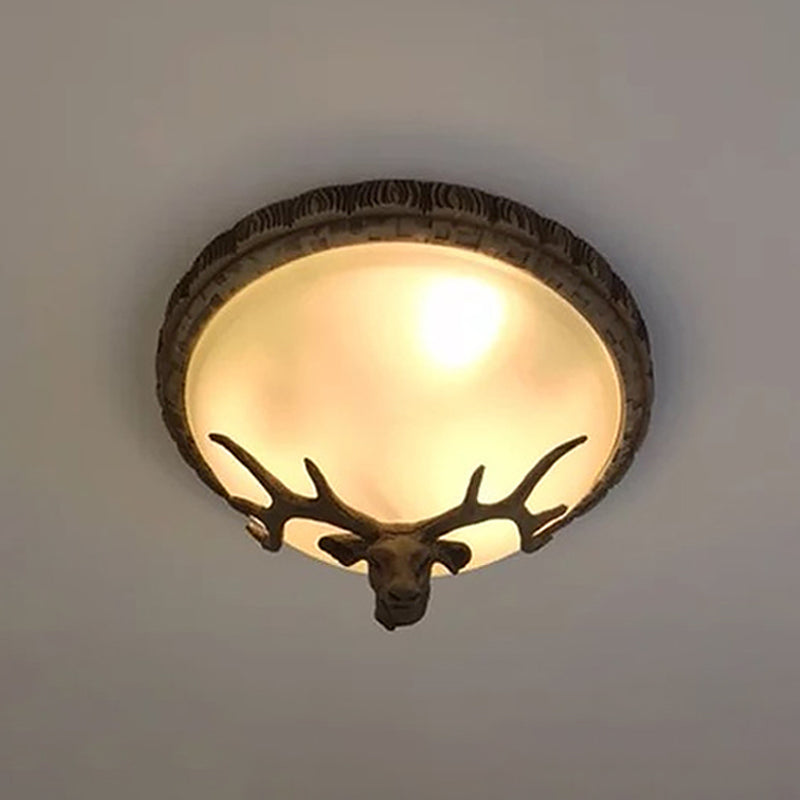 Domed Tan Glass Flush Light Rustic 3-Bulb Dining Room Deer Head Decorated Ceiling Fixture in Brown Clearhalo 'Ceiling Lights' 'Close To Ceiling Lights' 'Close to ceiling' 'Flush mount' Lighting' 1910986