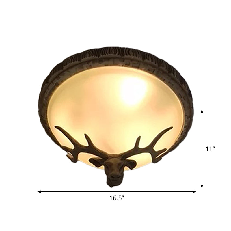 Domed Tan Glass Flush Light Rustic 3-Bulb Dining Room Deer Head Decorated Ceiling Fixture in Brown Clearhalo 'Ceiling Lights' 'Close To Ceiling Lights' 'Close to ceiling' 'Flush mount' Lighting' 1910987