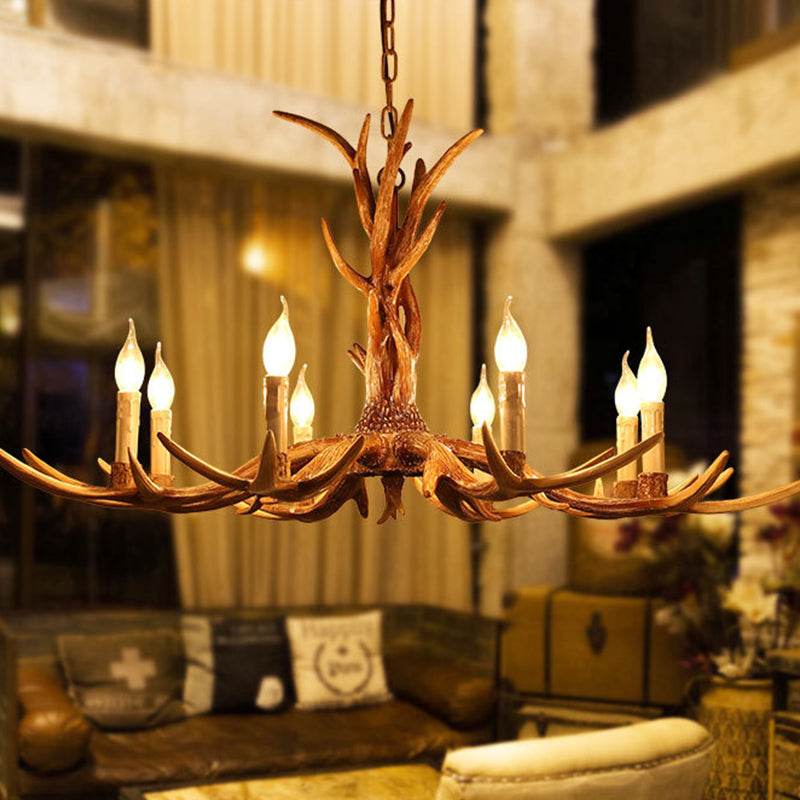 Brown 8-Head Antler Hanging Light Lodge Resin Bare Bulb Design Ceiling Chandelier Clearhalo 'Ceiling Lights' 'Chandeliers' Lighting' options 1911009