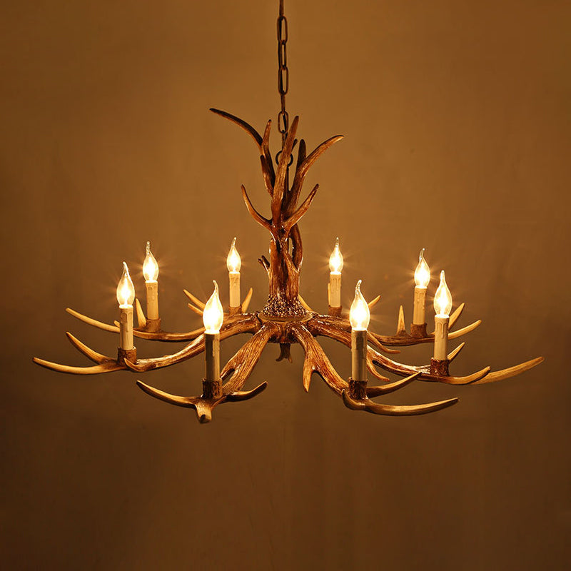 Brown 8-Head Antler Hanging Light Lodge Resin Bare Bulb Design Ceiling Chandelier Clearhalo 'Ceiling Lights' 'Chandeliers' Lighting' options 1911011