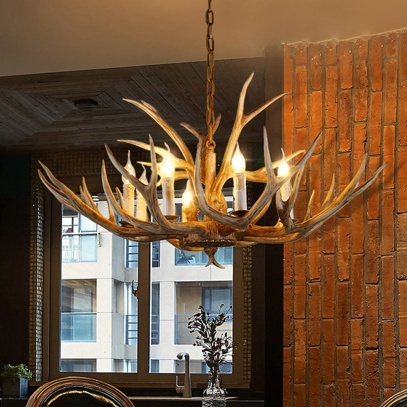 8 Bulbs Resin Pendant Lighting Rural Brown Faux Antler Living Room Chandelier with Candle Design Clearhalo 'Ceiling Lights' 'Chandeliers' Lighting' options 1911013