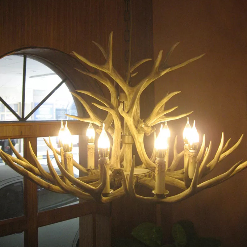 8 Bulbs Resin Pendant Lighting Rural Brown Faux Antler Living Room Chandelier with Candle Design Clearhalo 'Ceiling Lights' 'Chandeliers' Lighting' options 1911014