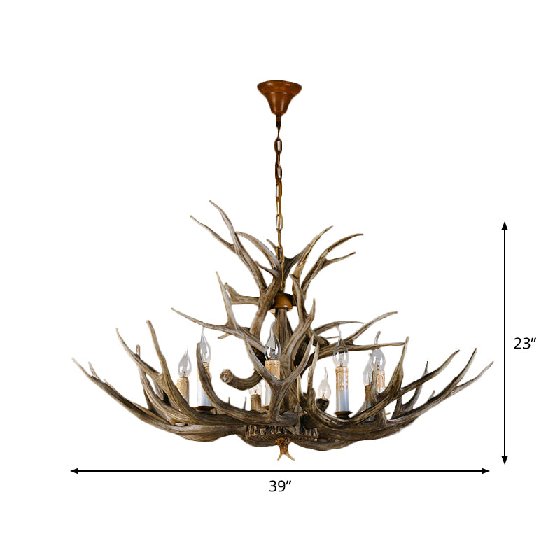 8 Bulbs Resin Pendant Lighting Rural Brown Faux Antler Living Room Chandelier with Candle Design Clearhalo 'Ceiling Lights' 'Chandeliers' Lighting' options 1911017