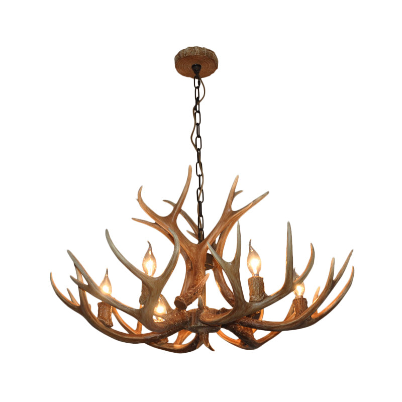 6-Bulb Antler Candelabra Chandelier Farmhouse Brown Resin Ceiling Suspension Lamp for Dining Room Brown Clearhalo 'Ceiling Lights' 'Chandeliers' Lighting' options 1911043_4bc6e972-e3a1-428d-b2cb-99797e69302a