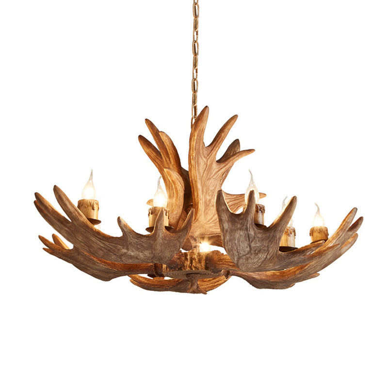 10 Lights Hanging Lamp Kit Lodge Faux Moose Horn Resin Chandelier Pendant in Brown Clearhalo 'Ceiling Lights' 'Chandeliers' Lighting' options 1911046