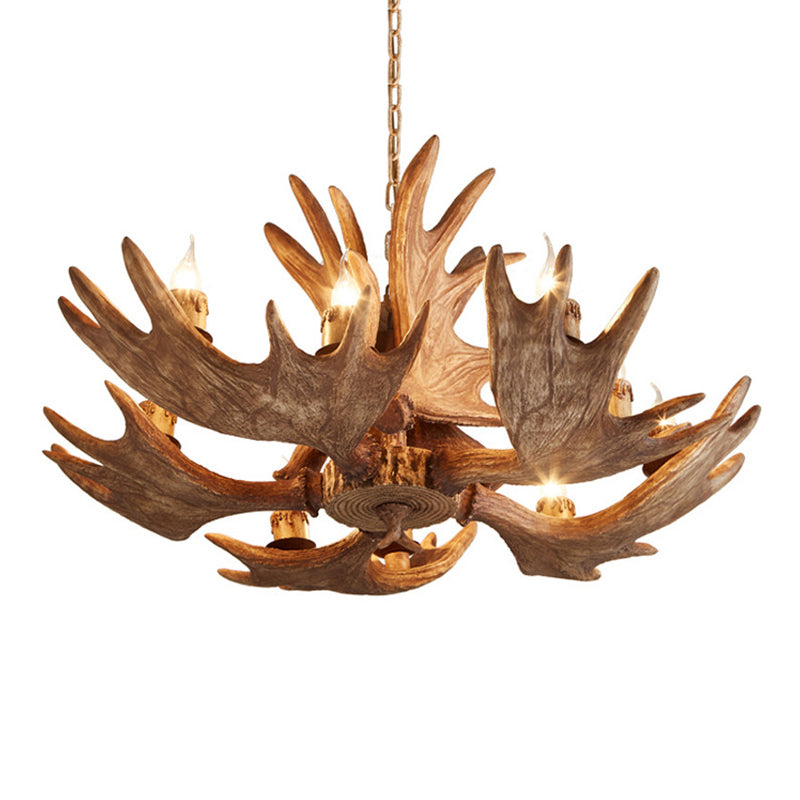 10 Lights Hanging Lamp Kit Lodge Faux Moose Horn Resin Chandelier Pendant in Brown Clearhalo 'Ceiling Lights' 'Chandeliers' Lighting' options 1911047