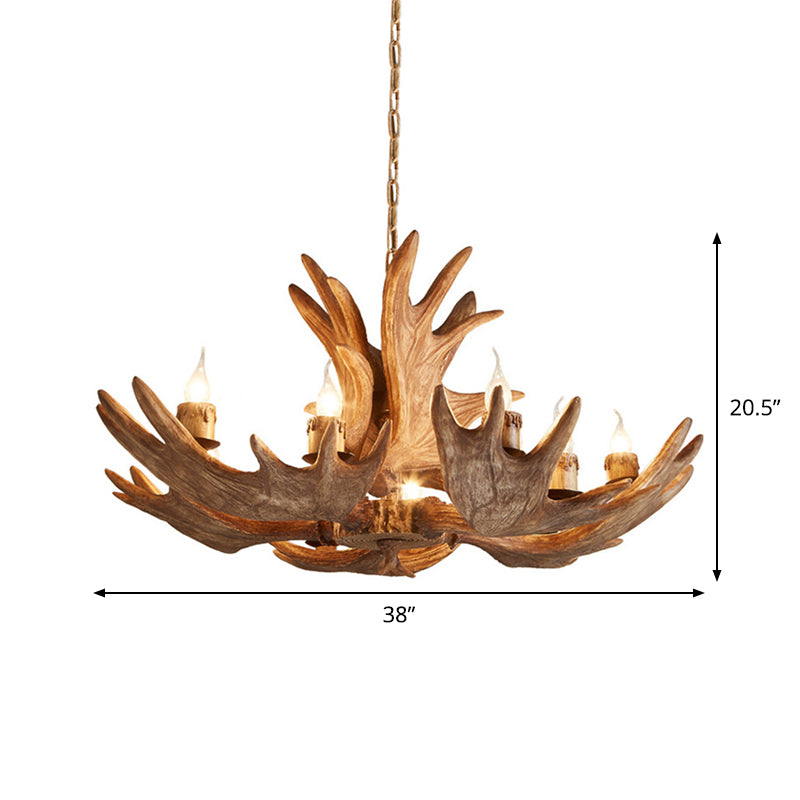 10 Lights Hanging Lamp Kit Lodge Faux Moose Horn Resin Chandelier Pendant in Brown Clearhalo 'Ceiling Lights' 'Chandeliers' Lighting' options 1911048