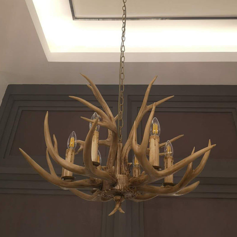 6 Lights Deer Horn Ceiling Pendant Rural Brown Resin Chandelier Lamp for Living Room Clearhalo 'Ceiling Lights' 'Chandeliers' Lighting' options 1911065