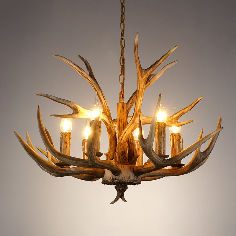 6 Lights Deer Horn Ceiling Pendant Rural Brown Resin Chandelier Lamp for Living Room Clearhalo 'Ceiling Lights' 'Chandeliers' Lighting' options 1911068