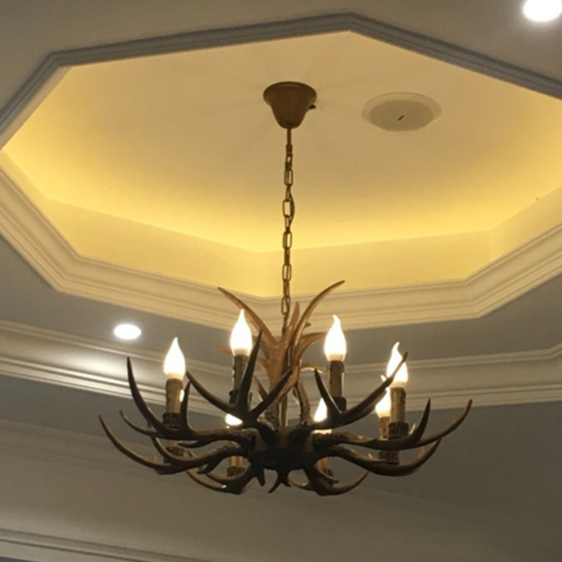 6/8/12 Bulbs Chandelier Lodge 1/2-Layered Antler Resin Ceiling Suspension Lamp in Brown Clearhalo 'Ceiling Lights' 'Chandeliers' Lighting' options 1911074