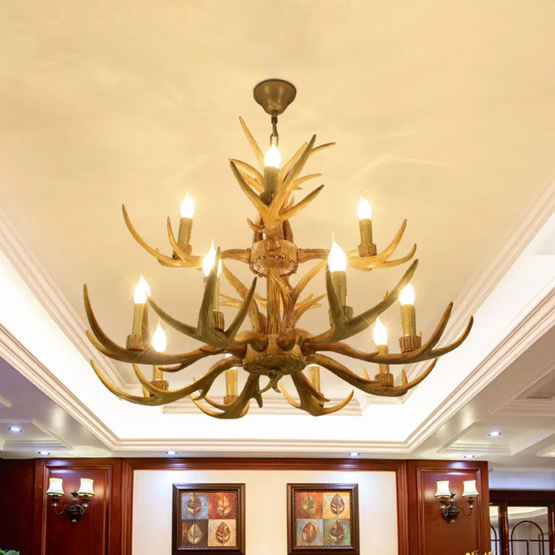 6/8/12 Bulbs Chandelier Lodge 1/2-Layered Antler Resin Ceiling Suspension Lamp in Brown Clearhalo 'Ceiling Lights' 'Chandeliers' Lighting' options 1911077