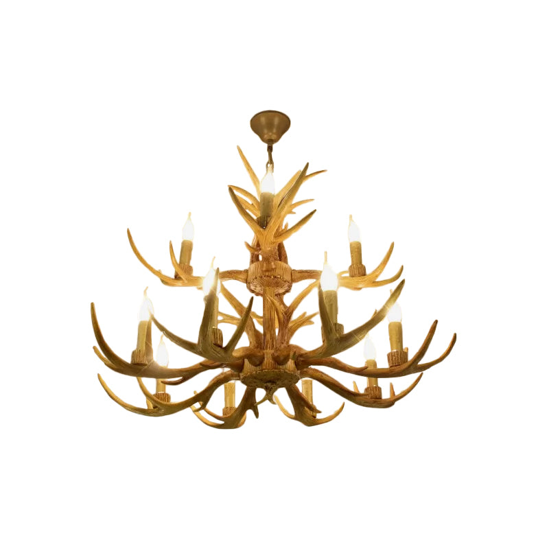 6/8/12 Bulbs Chandelier Lodge 1/2-Layered Antler Resin Ceiling Suspension Lamp in Brown Clearhalo 'Ceiling Lights' 'Chandeliers' Lighting' options 1911078