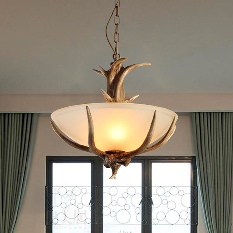 Bowl Frosted White Glass Drop Lamp Rustic 3-Light Dining Room Antler Pendant Chandelier in Brown Clearhalo 'Ceiling Lights' 'Chandeliers' Lighting' options 1911081