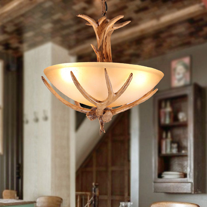 Bowl Frosted White Glass Drop Lamp Rustic 3-Light Dining Room Antler Pendant Chandelier in Brown Clearhalo 'Ceiling Lights' 'Chandeliers' Lighting' options 1911082