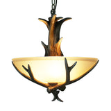 Bowl Frosted White Glass Drop Lamp Rustic 3-Light Dining Room Antler Pendant Chandelier in Brown Clearhalo 'Ceiling Lights' 'Chandeliers' Lighting' options 1911084