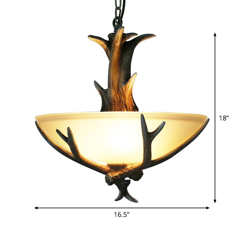 Bowl Frosted White Glass Drop Lamp Rustic 3-Light Dining Room Antler Pendant Chandelier in Brown Clearhalo 'Ceiling Lights' 'Chandeliers' Lighting' options 1911085