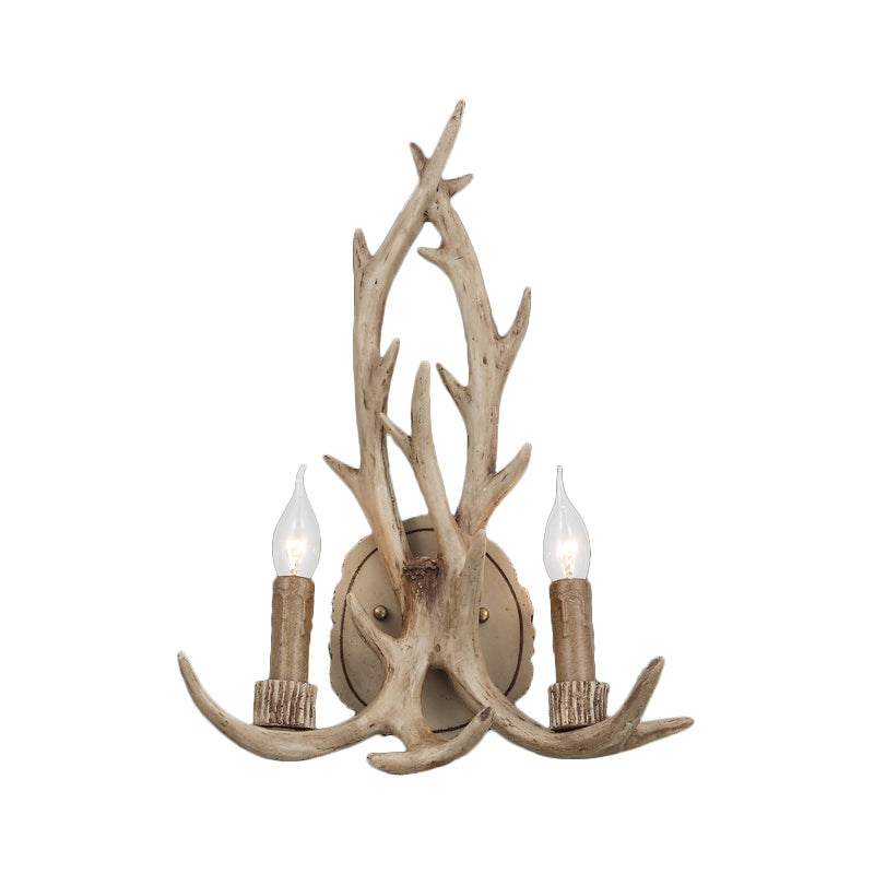 2 Heads Antler Wall Light Fixture Rustic Coffee/Brown/Grey Resin Wall Mounted Lamp with Naked Bulb Design Coffee Clearhalo 'Wall Lamps & Sconces' 'Wall Lights' Lighting' 1911089