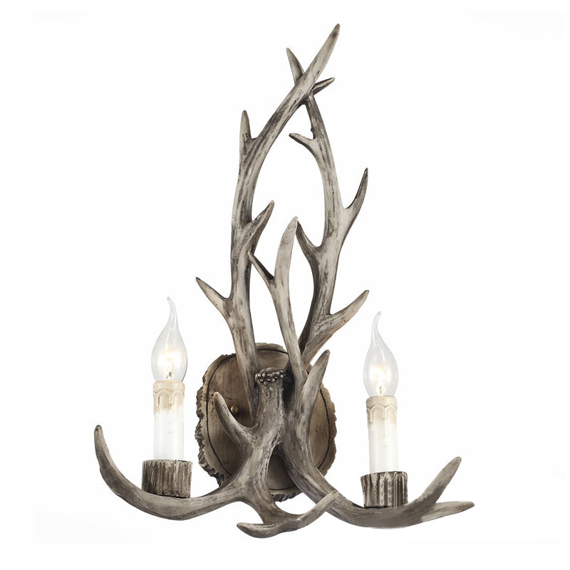 2 Heads Antler Wall Light Fixture Rustic Coffee/Brown/Grey Resin Wall Mounted Lamp with Naked Bulb Design Grey Clearhalo 'Wall Lamps & Sconces' 'Wall Lights' Lighting' 1911094