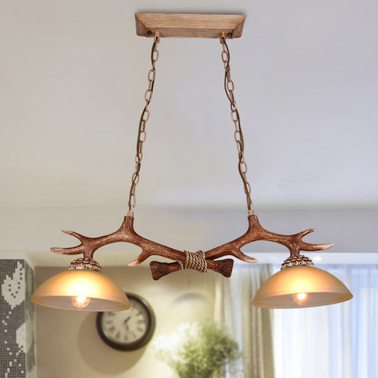 Milk Glass Bowl Island Pendant Rural 2 Bulbs Dining Room Suspension Light with Faux Antler Brown Clearhalo 'Ceiling Lights' 'Glass shade' 'Glass' 'Island Lights' 'Pendant Lights' Lighting' 1911095