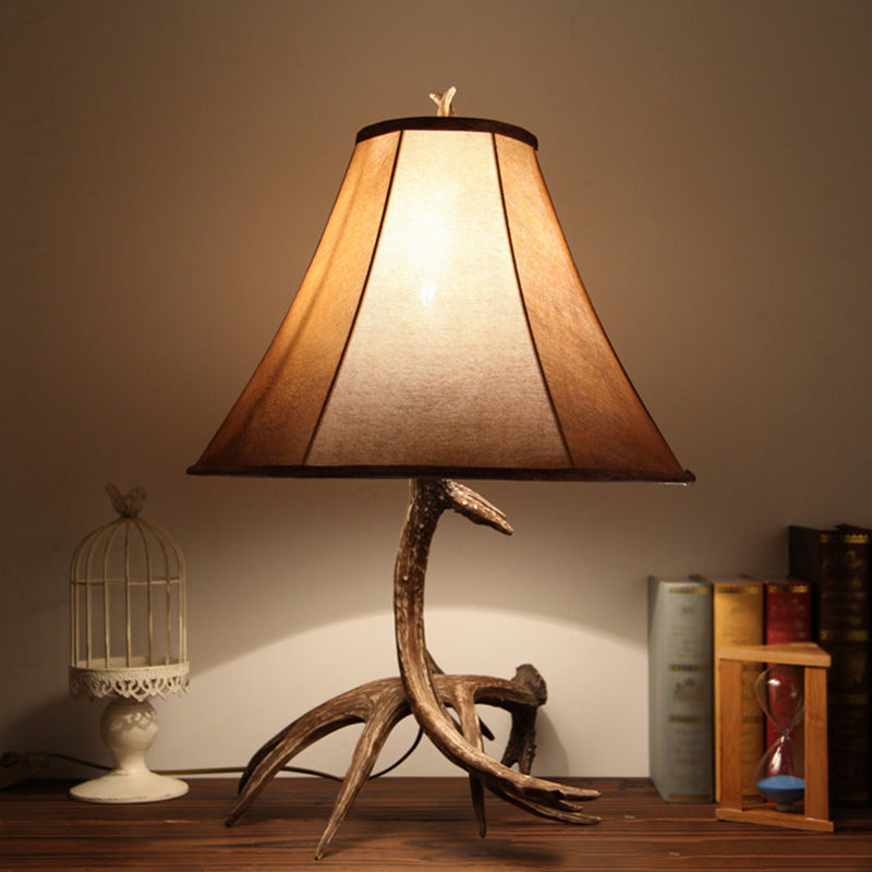 Brown Wide Flared Night Lamp Farmhouse Fabric 1 Head Bedroom Table Light with Antler Base Clearhalo 'Lamps' 'Table Lamps' Lighting' 1911102