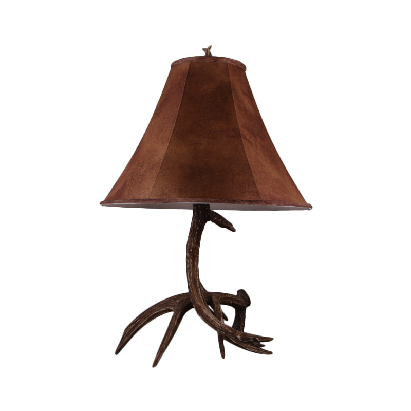 Brown Wide Flared Night Lamp Farmhouse Fabric 1 Head Bedroom Table Light with Antler Base Clearhalo 'Lamps' 'Table Lamps' Lighting' 1911103