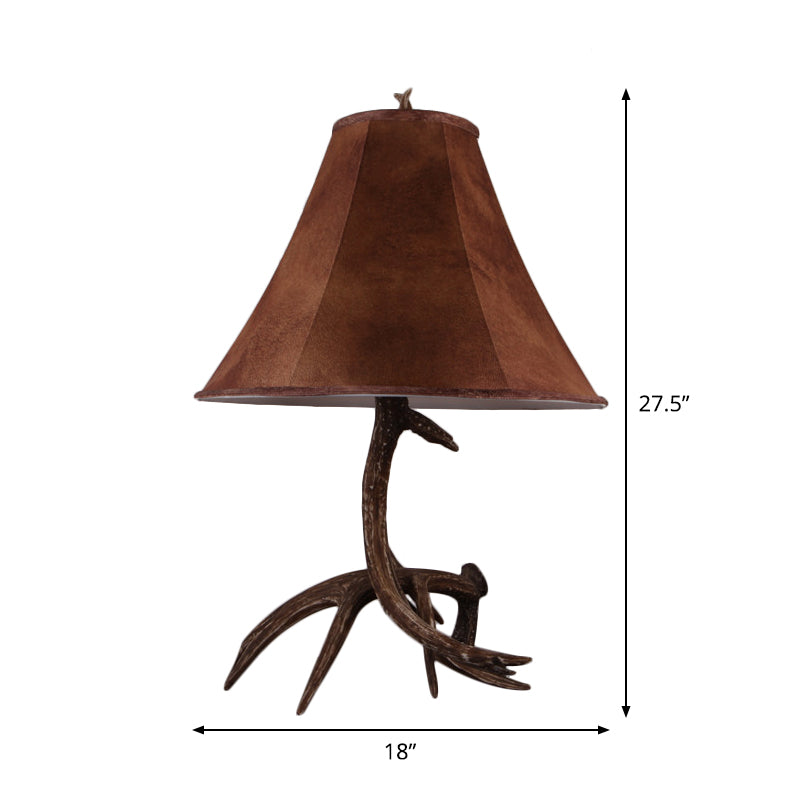 Brown Wide Flared Night Lamp Farmhouse Fabric 1 Head Bedroom Table Light with Antler Base Clearhalo 'Lamps' 'Table Lamps' Lighting' 1911104