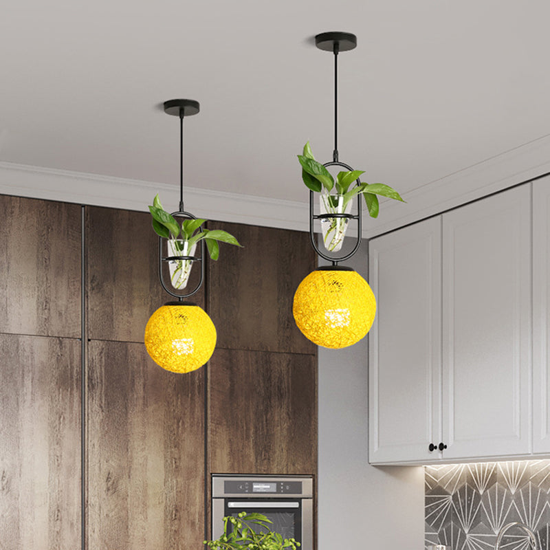 Rattan Globe Hanging Ceiling Light Macaron 1 Head Kitchen Drop Pendant in Beige/Red/Pink with Plant Pot Yellow Clearhalo 'Art Deco Pendants' 'Cast Iron' 'Ceiling Lights' 'Ceramic' 'Crystal' 'Industrial Pendants' 'Industrial' 'Metal' 'Middle Century Pendants' 'Pendant Lights' 'Pendants' 'Tiffany' Lighting' 1911106