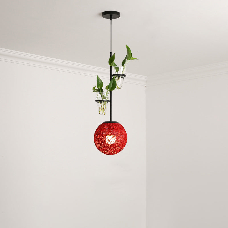 Rattan Globe Hanging Ceiling Light Macaron 1 Head Kitchen Drop Pendant in Beige/Red/Pink with Plant Pot Clearhalo 'Art Deco Pendants' 'Cast Iron' 'Ceiling Lights' 'Ceramic' 'Crystal' 'Industrial Pendants' 'Industrial' 'Metal' 'Middle Century Pendants' 'Pendant Lights' 'Pendants' 'Tiffany' Lighting' 1911111