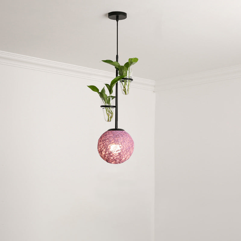 Rattan Globe Hanging Ceiling Light Macaron 1 Head Kitchen Drop Pendant in Beige/Red/Pink with Plant Pot Clearhalo 'Art Deco Pendants' 'Cast Iron' 'Ceiling Lights' 'Ceramic' 'Crystal' 'Industrial Pendants' 'Industrial' 'Metal' 'Middle Century Pendants' 'Pendant Lights' 'Pendants' 'Tiffany' Lighting' 1911114