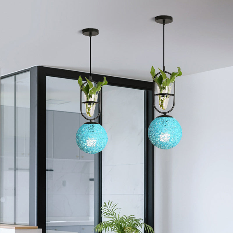 Rattan Globe Hanging Ceiling Light Macaron 1 Head Kitchen Drop Pendant in Beige/Red/Pink with Plant Pot Blue Clearhalo 'Art Deco Pendants' 'Cast Iron' 'Ceiling Lights' 'Ceramic' 'Crystal' 'Industrial Pendants' 'Industrial' 'Metal' 'Middle Century Pendants' 'Pendant Lights' 'Pendants' 'Tiffany' Lighting' 1911116