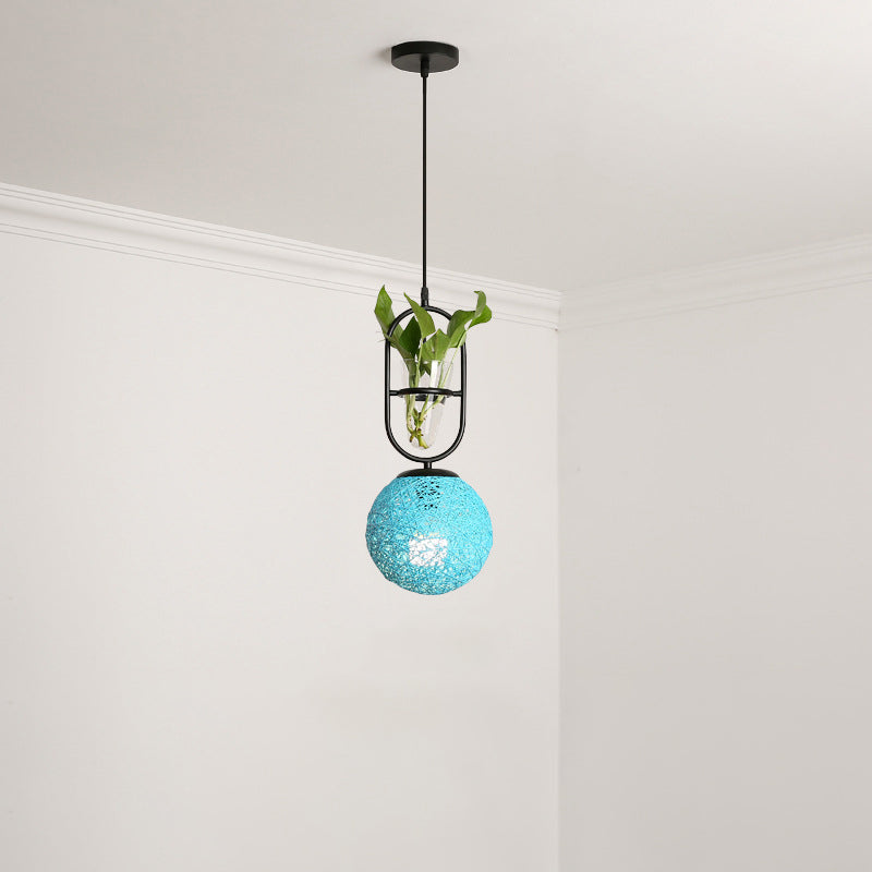 Rattan Globe Hanging Ceiling Light Macaron 1 Head Kitchen Drop Pendant in Beige/Red/Pink with Plant Pot Clearhalo 'Art Deco Pendants' 'Cast Iron' 'Ceiling Lights' 'Ceramic' 'Crystal' 'Industrial Pendants' 'Industrial' 'Metal' 'Middle Century Pendants' 'Pendant Lights' 'Pendants' 'Tiffany' Lighting' 1911117