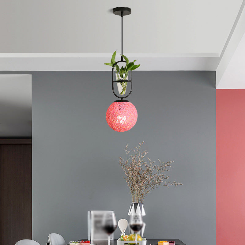 Rattan Globe Hanging Ceiling Light Macaron 1 Head Kitchen Drop Pendant in Beige/Red/Pink with Plant Pot Pink Clearhalo 'Art Deco Pendants' 'Cast Iron' 'Ceiling Lights' 'Ceramic' 'Crystal' 'Industrial Pendants' 'Industrial' 'Metal' 'Middle Century Pendants' 'Pendant Lights' 'Pendants' 'Tiffany' Lighting' 1911119