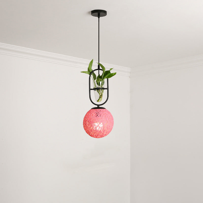 Rattan Globe Hanging Ceiling Light Macaron 1 Head Kitchen Drop Pendant in Beige/Red/Pink with Plant Pot Clearhalo 'Art Deco Pendants' 'Cast Iron' 'Ceiling Lights' 'Ceramic' 'Crystal' 'Industrial Pendants' 'Industrial' 'Metal' 'Middle Century Pendants' 'Pendant Lights' 'Pendants' 'Tiffany' Lighting' 1911120