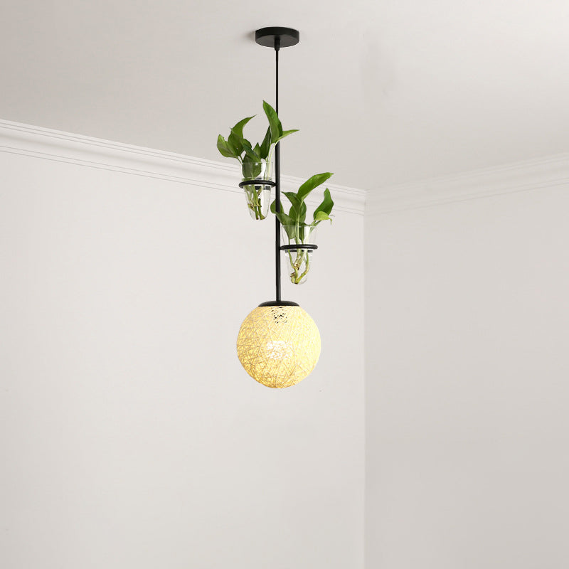 Rattan Globe Hanging Ceiling Light Macaron 1 Head Kitchen Drop Pendant in Beige/Red/Pink with Plant Pot Clearhalo 'Art Deco Pendants' 'Cast Iron' 'Ceiling Lights' 'Ceramic' 'Crystal' 'Industrial Pendants' 'Industrial' 'Metal' 'Middle Century Pendants' 'Pendant Lights' 'Pendants' 'Tiffany' Lighting' 1911123