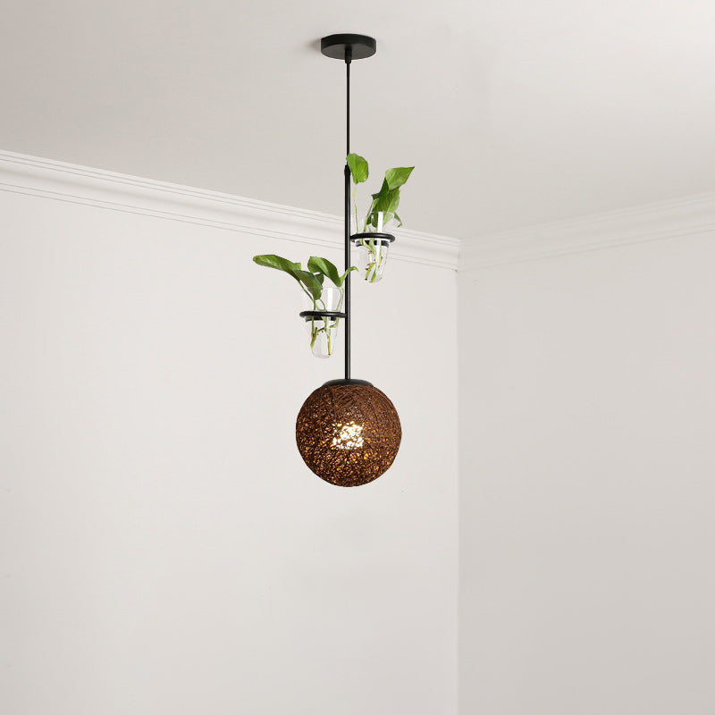 Rattan Globe Hanging Ceiling Light Macaron 1 Head Kitchen Drop Pendant in Beige/Red/Pink with Plant Pot Clearhalo 'Art Deco Pendants' 'Cast Iron' 'Ceiling Lights' 'Ceramic' 'Crystal' 'Industrial Pendants' 'Industrial' 'Metal' 'Middle Century Pendants' 'Pendant Lights' 'Pendants' 'Tiffany' Lighting' 1911126