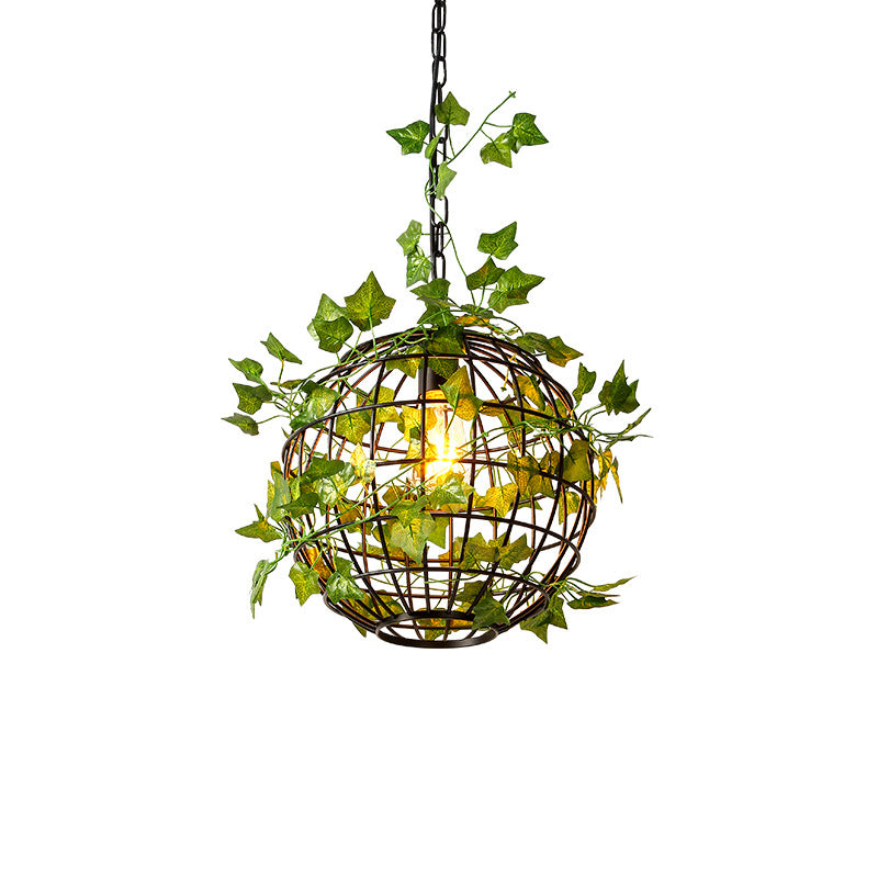 Black Single-Bulb Hanging Light Loft Iron Spherical Ceiling Pendant with Orange/Green/Light Green Art Vine Clearhalo 'Art Deco Pendants' 'Cast Iron' 'Ceiling Lights' 'Ceramic' 'Crystal' 'Industrial Pendants' 'Industrial' 'Metal' 'Middle Century Pendants' 'Pendant Lights' 'Pendants' 'Tiffany' Lighting' 1911131