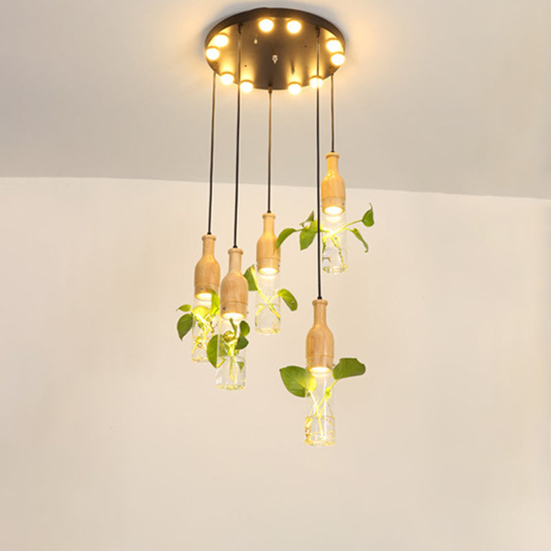 3/5 Lights Clear Glass Cluster Pendant Lodge Black Bottle Dining Room Ceiling Light with Round/Linear Canopy 5 Black Round Clearhalo 'Ceiling Lights' 'Glass shade' 'Glass' 'Industrial Pendants' 'Industrial' 'Middle Century Pendants' 'Pendant Lights' 'Pendants' 'Tiffany' Lighting' 1911230