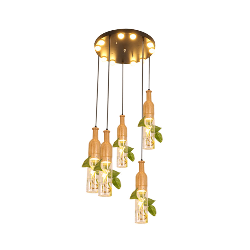 3/5 Lights Clear Glass Cluster Pendant Lodge Black Bottle Dining Room Ceiling Light with Round/Linear Canopy Clearhalo 'Ceiling Lights' 'Glass shade' 'Glass' 'Industrial Pendants' 'Industrial' 'Middle Century Pendants' 'Pendant Lights' 'Pendants' 'Tiffany' Lighting' 1911231