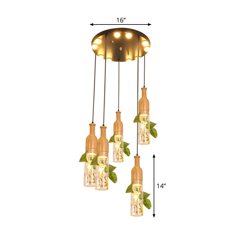 3/5 Lights Clear Glass Cluster Pendant Lodge Black Bottle Dining Room Ceiling Light with Round/Linear Canopy Clearhalo 'Ceiling Lights' 'Glass shade' 'Glass' 'Industrial Pendants' 'Industrial' 'Middle Century Pendants' 'Pendant Lights' 'Pendants' 'Tiffany' Lighting' 1911232