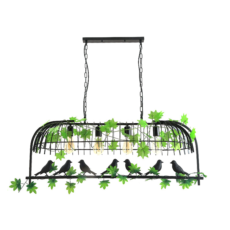 Birdcage Dining Room Island Light Industrial Iron 4-Head Black/Bronze Hanging Pendant with Decorative Plant and Bird Clearhalo 'Ceiling Lights' 'Island Lights' Lighting' 1911237
