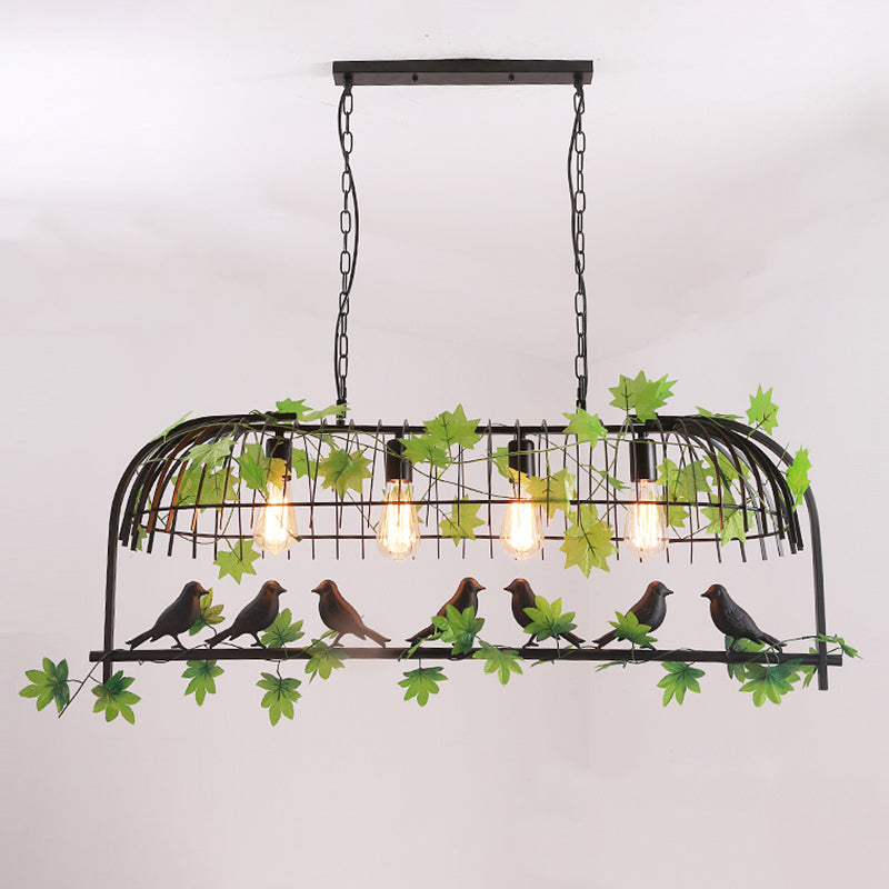 Birdcage Dining Room Island Light Industrial Iron 4-Head Black/Bronze Hanging Pendant with Decorative Plant and Bird Clearhalo 'Ceiling Lights' 'Island Lights' Lighting' 1911238