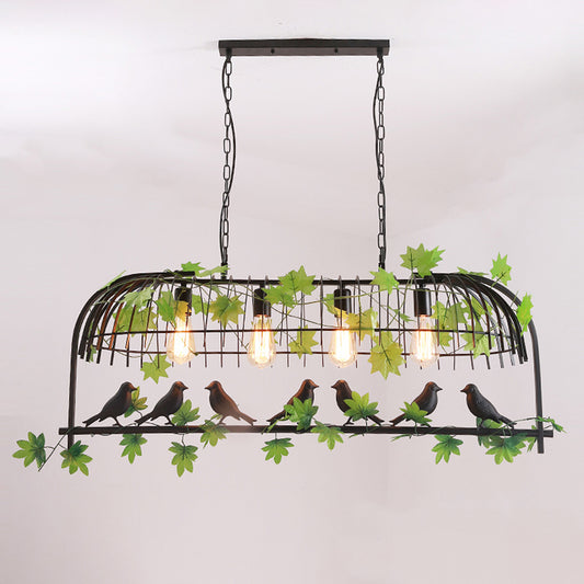 Birdcage Dining Room Island Light Industrial Iron 4-Head Black/Bronze Hanging Pendant with Decorative Plant and Bird Clearhalo 'Ceiling Lights' 'Island Lights' Lighting' 1911238