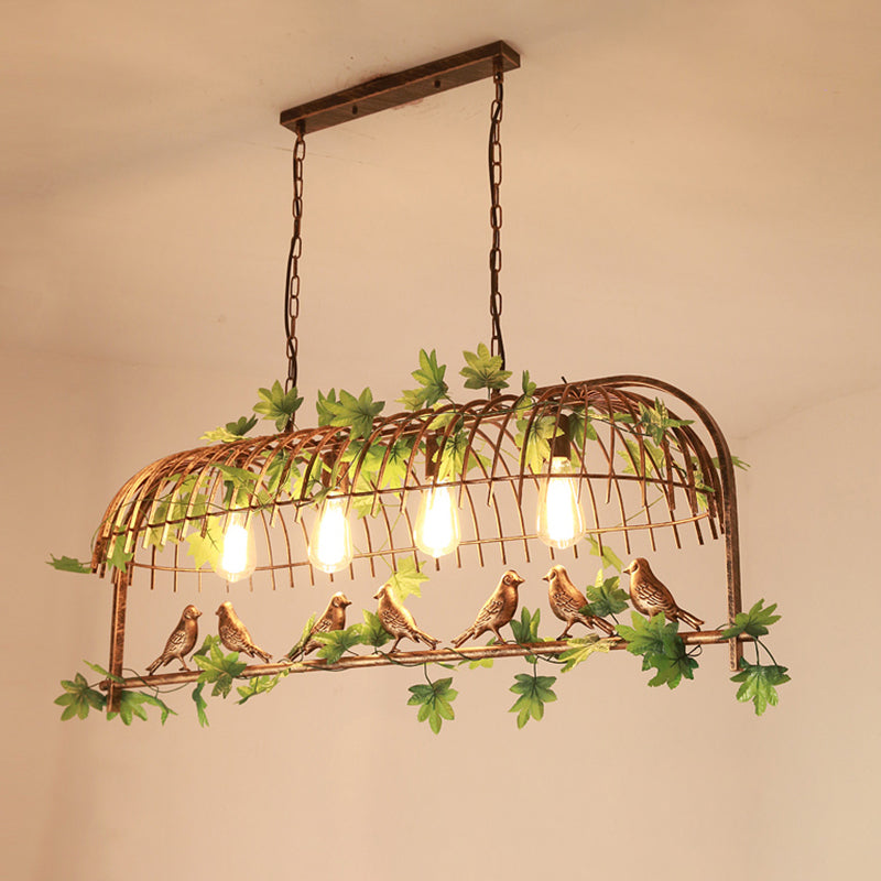 Birdcage Dining Room Island Light Industrial Iron 4-Head Black/Bronze Hanging Pendant with Decorative Plant and Bird Clearhalo 'Ceiling Lights' 'Island Lights' Lighting' 1911241