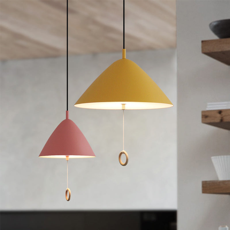 Conical Pull-Chain Hanging Pendant Macaron Metal 1 Bulb Dining Room Ceiling Suspension Lamp in Yellow Yellow Clearhalo 'Ceiling Lights' 'Pendant Lights' 'Pendants' Lighting' 1911301_c7358241-db0e-492d-8ba5-b239dd484bb8