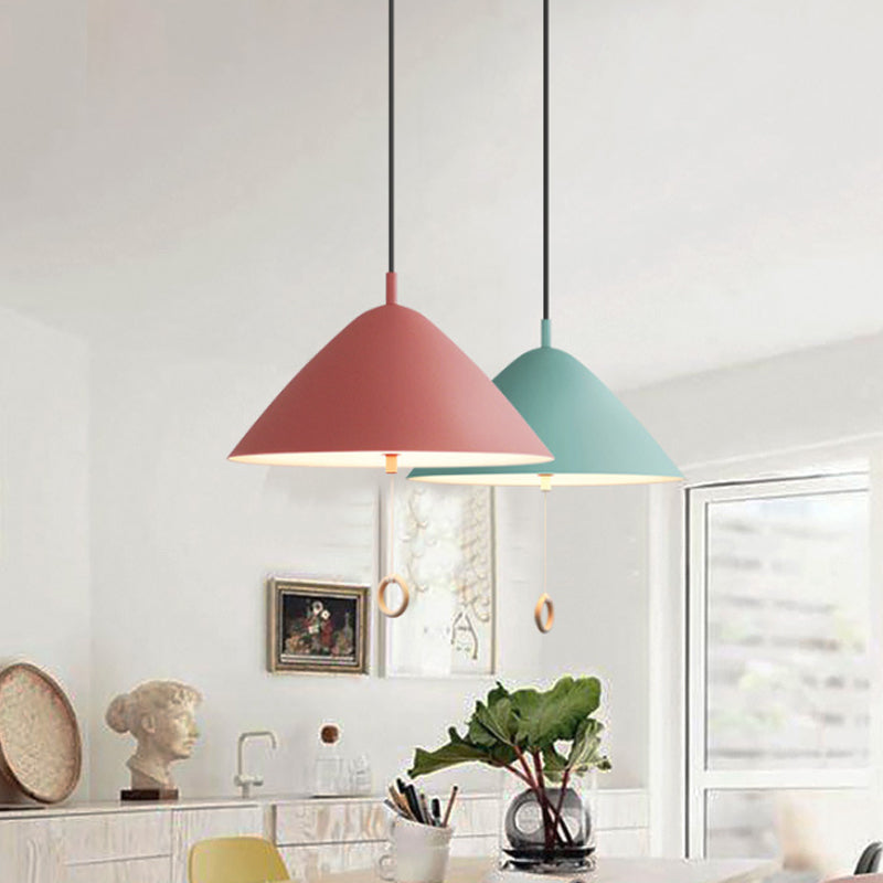 Conical Pull-Chain Hanging Pendant Macaron Metal 1 Bulb Dining Room Ceiling Suspension Lamp in Yellow Clearhalo 'Ceiling Lights' 'Pendant Lights' 'Pendants' Lighting' 1911303