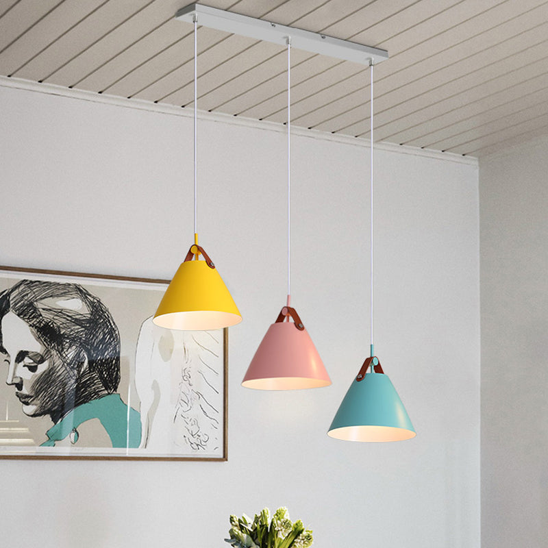 Frustum Shaped Metal Hanging Light Macaron 3 Bulbs Blue-Pink-Yellow/Black-Grey-White Pendant Lamp in Warm/White Light, Round/Linear Canopy Blue-Pink-Yellow Linear Clearhalo 'Ceiling Lights' 'Pendant Lights' 'Pendants' Lighting' 1911318_915b8ff0-bf4e-473e-aefd-d7a856556e47