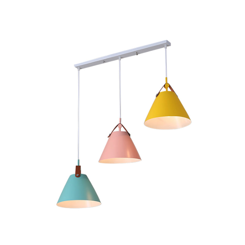 Frustum Shaped Metal Hanging Light Macaron 3 Bulbs Blue-Pink-Yellow/Black-Grey-White Pendant Lamp in Warm/White Light, Round/Linear Canopy Clearhalo 'Ceiling Lights' 'Pendant Lights' 'Pendants' Lighting' 1911320