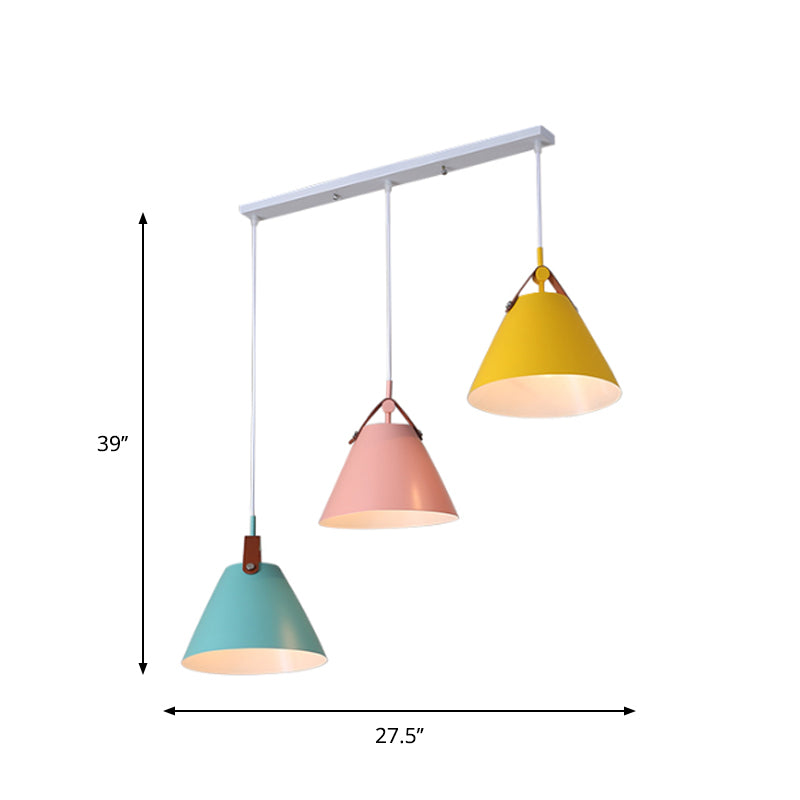 Frustum Shaped Metal Hanging Light Macaron 3 Bulbs Blue-Pink-Yellow/Black-Grey-White Pendant Lamp in Warm/White Light, Round/Linear Canopy Clearhalo 'Ceiling Lights' 'Pendant Lights' 'Pendants' Lighting' 1911321