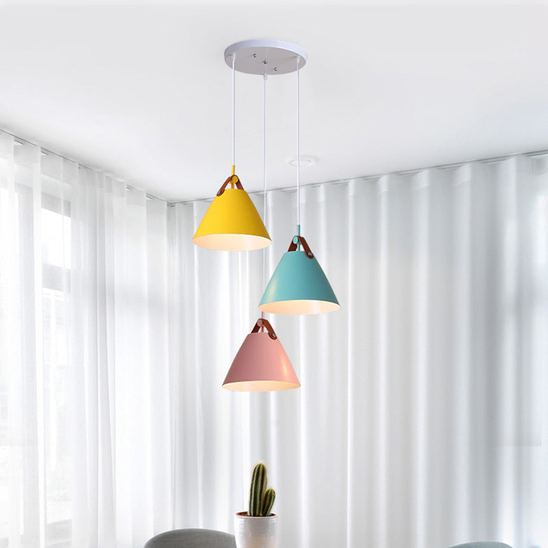 Frustum Shaped Metal Hanging Light Macaron 3 Bulbs Blue-Pink-Yellow/Black-Grey-White Pendant Lamp in Warm/White Light, Round/Linear Canopy Blue-Pink-Yellow Round Clearhalo 'Ceiling Lights' 'Pendant Lights' 'Pendants' Lighting' 1911322_3c85acce-c27a-4771-aed1-00fa81f9cc6d