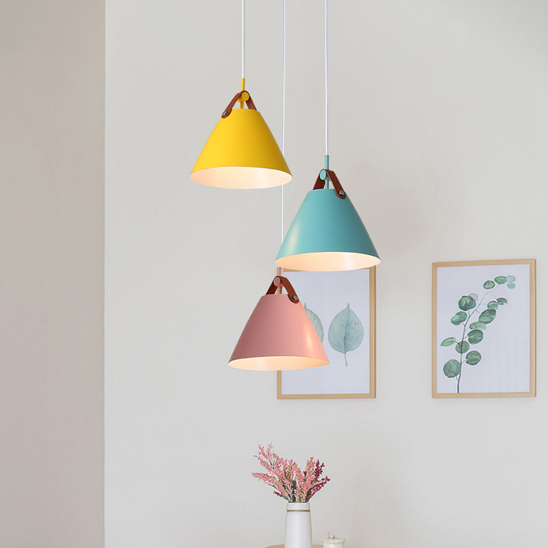 Frustum Shaped Metal Hanging Light Macaron 3 Bulbs Blue-Pink-Yellow/Black-Grey-White Pendant Lamp in Warm/White Light, Round/Linear Canopy Clearhalo 'Ceiling Lights' 'Pendant Lights' 'Pendants' Lighting' 1911323